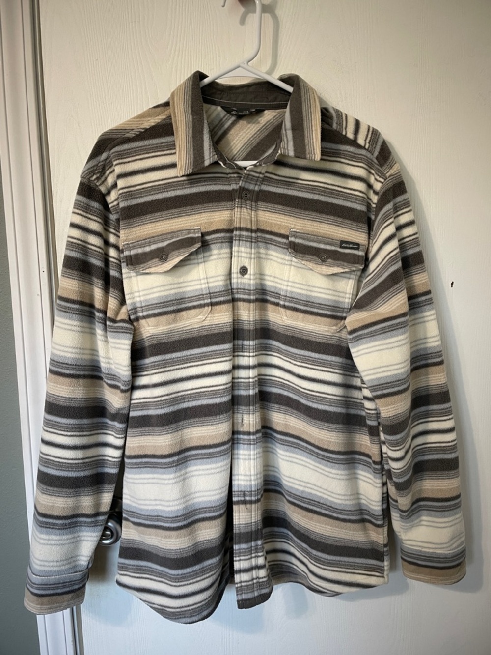 Eddie Bauer Men’s Fleece Striped Beige Gray Blue Shirt Jacket Size Large